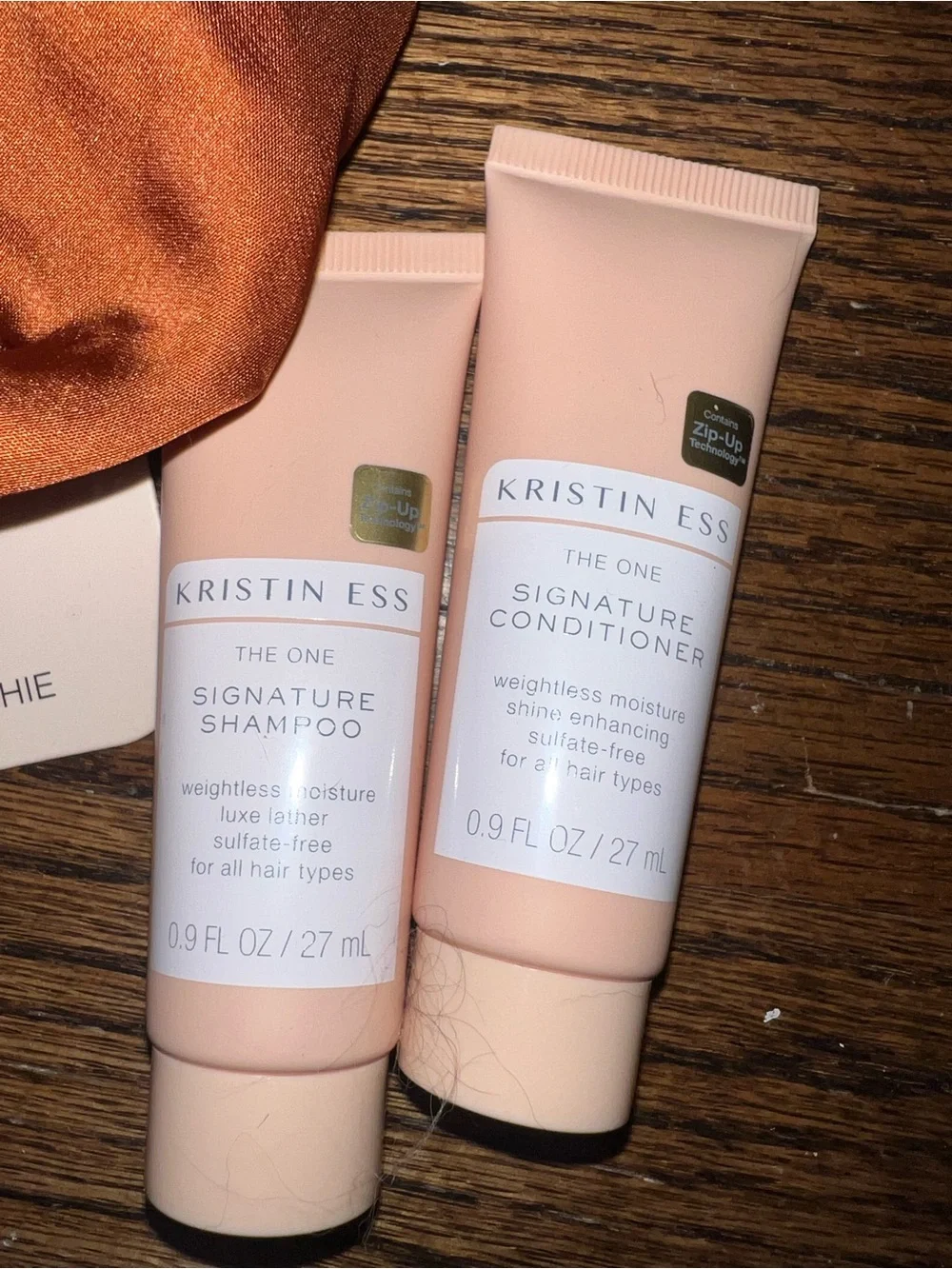 NWT Kristin Ess bundle - Oversized Satin Scrunchie Copper Orange + travel shampo